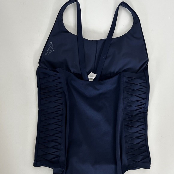 Athleta Adriata Womens Sz S One Piece Swimsuit Navy Blue Woven Panel Round Neck - Picture 8 of 15